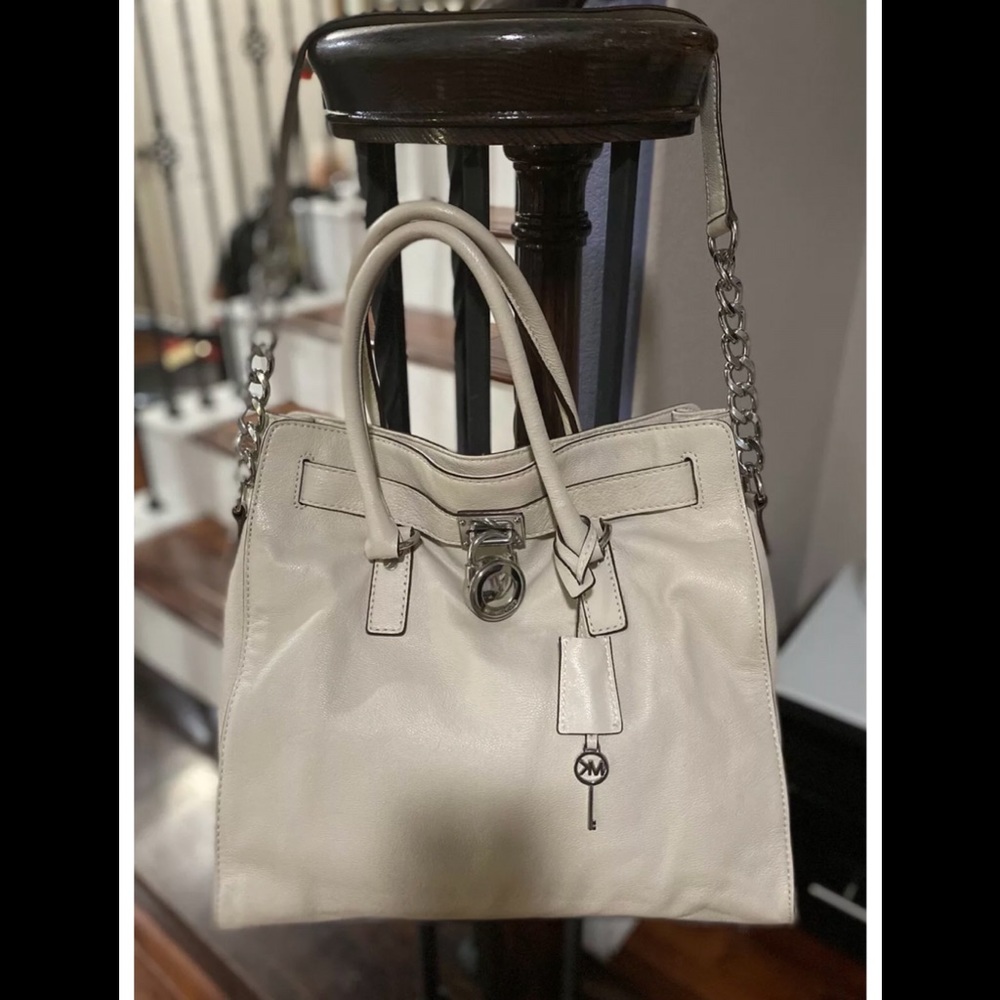 MICHAEL KORS Hamilton Cream Leather Large Satchel Shoulder Bag With Lock/Key 🔐